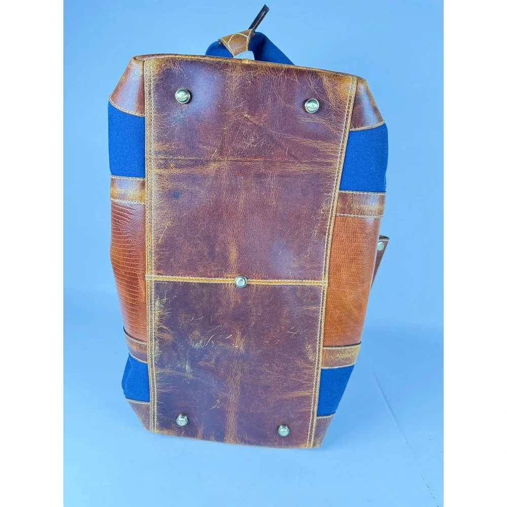 F.H. Wadsworth NYC Canvas Leather Duffle Bag Navy Blue Lizard Embossed Travel